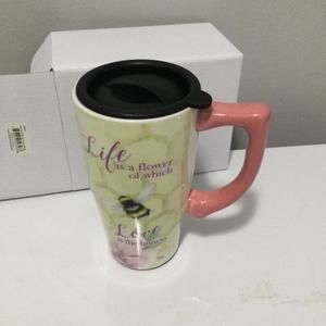 Life Is A Flower ceramic Travel Mug cup plastic lid seal Bee markers